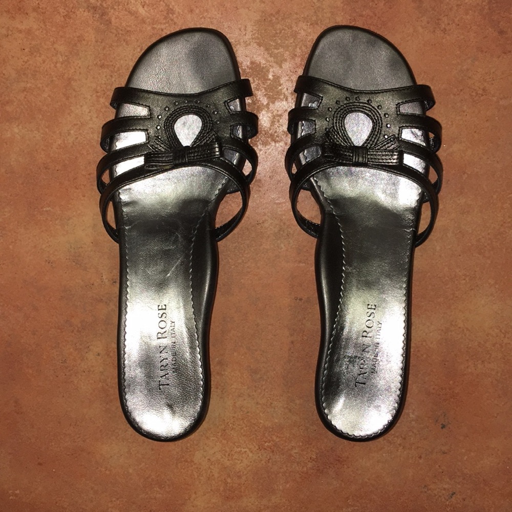 Taryn Rose Black Metallic Strappy Slide Heels